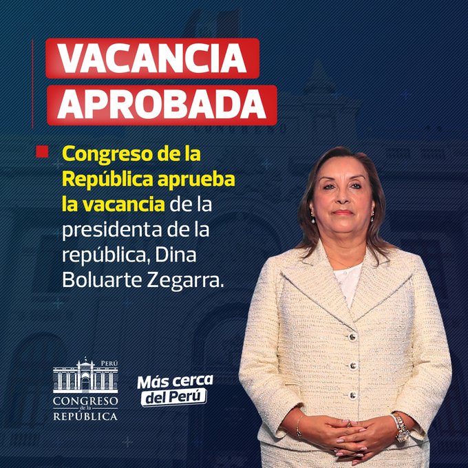 Congreso de Perú separa de su cargo de presidenta a Dina Boluarte